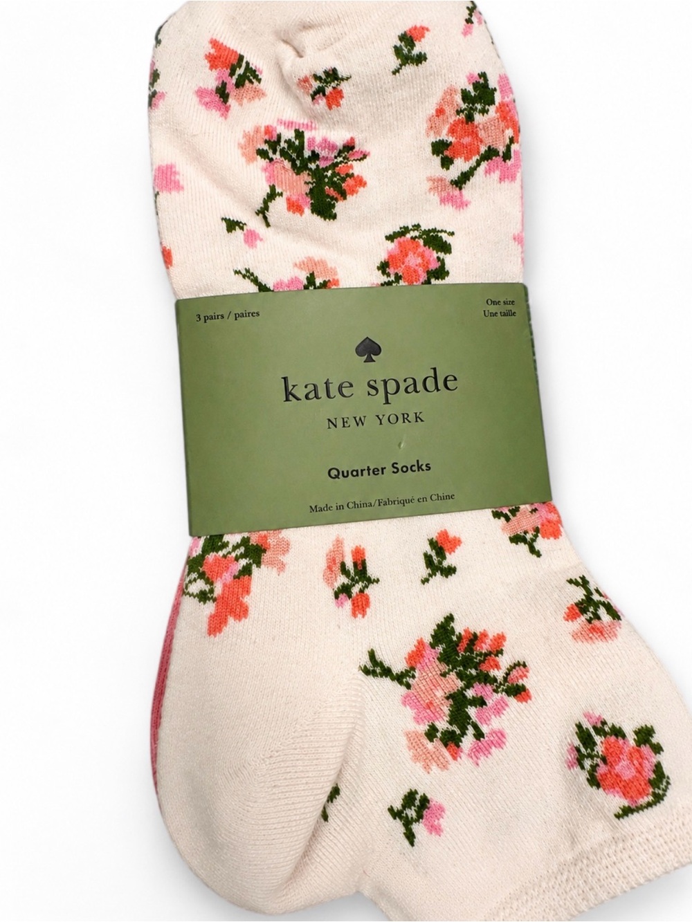 Kate Spade New York 3-Pair Quarter Socks Floral Pink Red Cream NWT - Picture 4 of 4